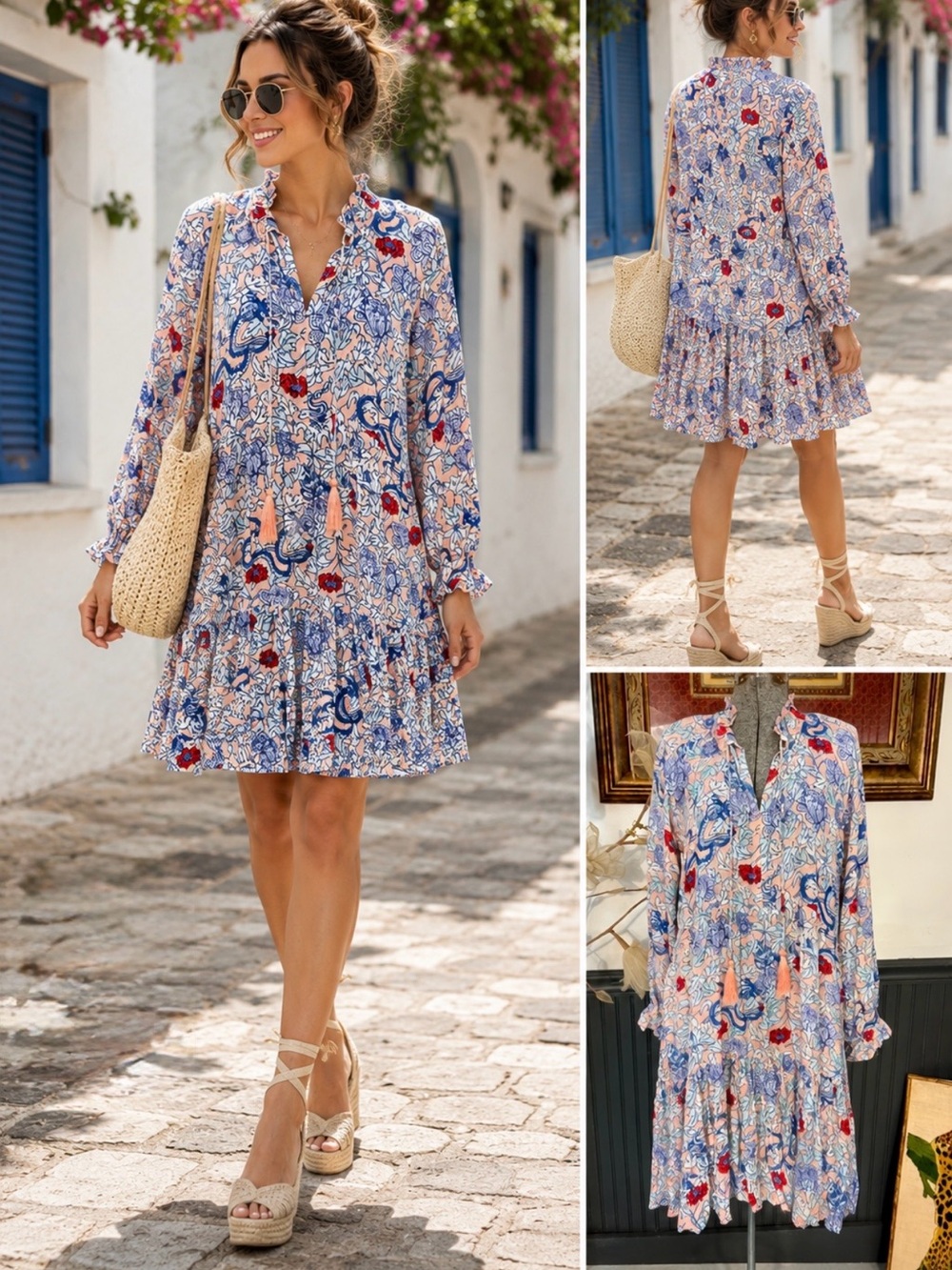 Roller Rabbit Blue Floral Mini Dress with Red Accents